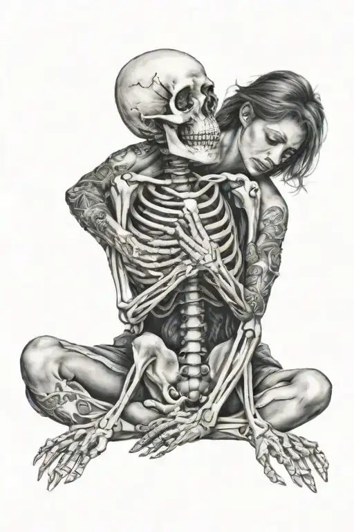 skeleton hugging woman tattoo design idea