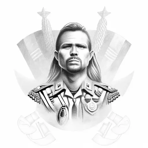 A detailed black and grey portrait of a police officer dressed as a warrior, with patriotic symbols incorporated into the design tattoo design idea