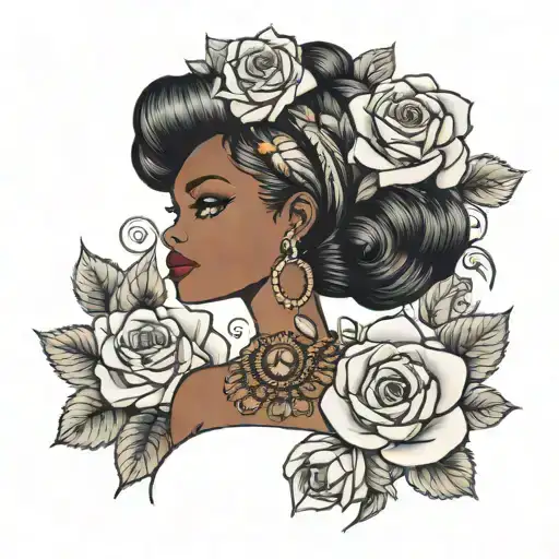 black barbie doll with roses tattoo design idea