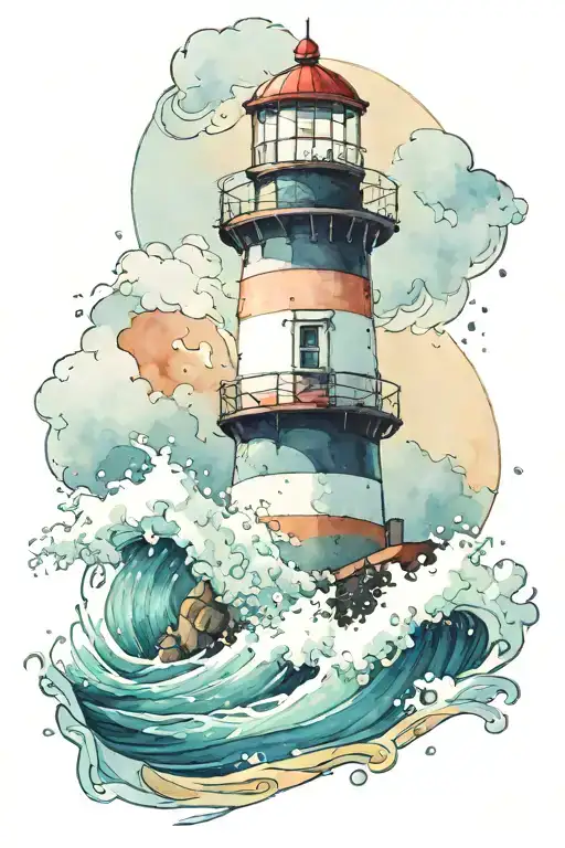 lighthouse with a shield in front of it, waves crashing tattoo design idea