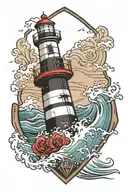 lighthouse with a shield in front of it, waves crashes against  tattoo design idea