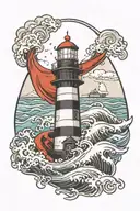 lighthouse with a shield in front of it, waves crashes against  tattoo design idea