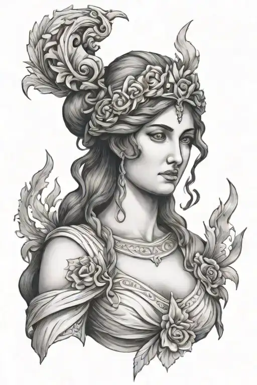 hestia with fire greek statue full body tattoo design idea