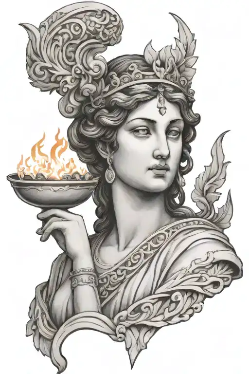 hestia with fire greek statue tattoo design idea
