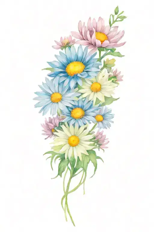 Daisy, aster, and chrysanthemum bouquet tattoo design idea