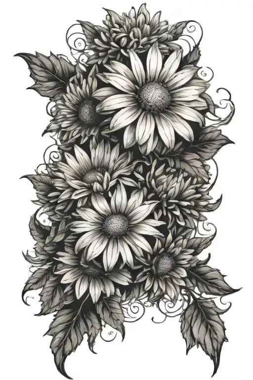 Daisy, aster, and chrysanthemum tangled together tattoo design idea