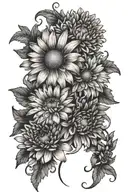 Daisy, aster, and chrysanthemum tangled together tattoo design idea