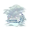 An army mechanic working on a modified car with a backdrop of Japanese scenery tattoo design idea