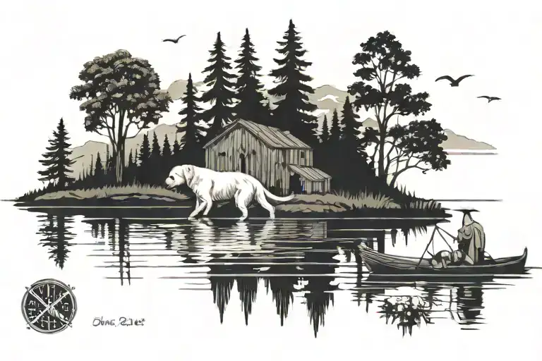 Death dates incorporated, lake scene, english yellow lab by the lake tattoo design idea