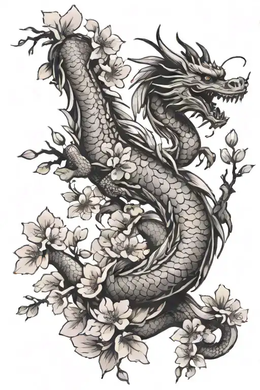 an oriental dragon flying out of a sakura tree from which flower petals fly tattoo design idea