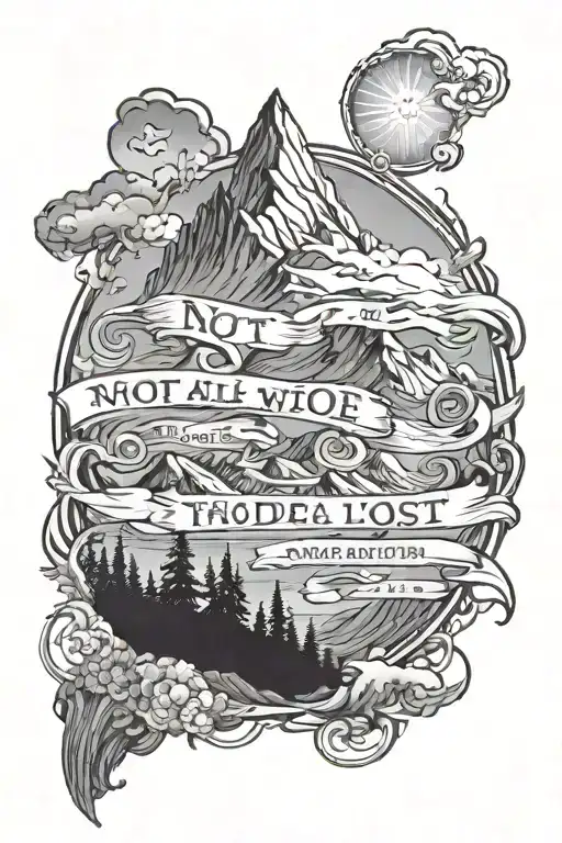 mountains, Quote " Not all those who wander are lost" tattoo design idea