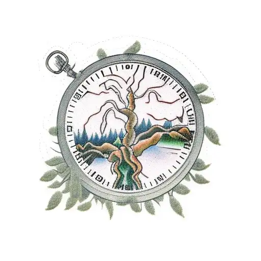 willow tree with roots growing on pocket watch tattoo design idea