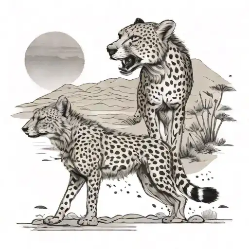 A design of a cheetah and coyote running side by side in a desert setting, with a hint of apocalyptic ruins in the background tattoo design idea