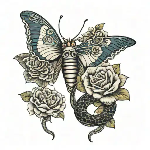 moth and snake intertwined roses tattoo design idea