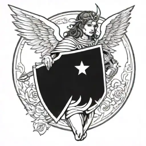 A blackwork design of an angelic warrior holding a shield of love tattoo design idea