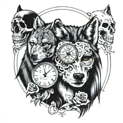 wolf, woman, skull, hand and clock tattoo design idea
