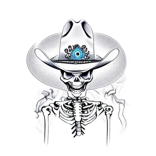 Skeleton smoking a cigarette in a cowboy hat tattoo design idea