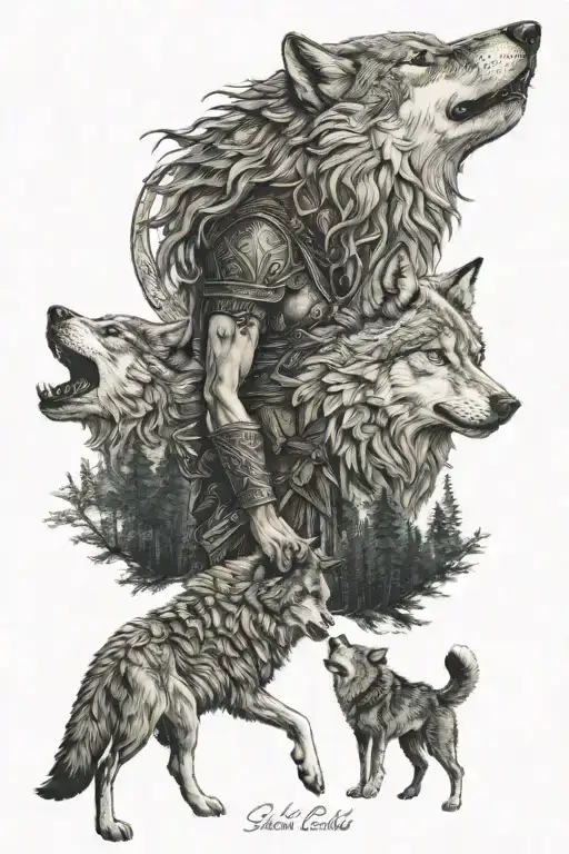 Nordic Warrior, goddes Skadi, 2 wolves howling wolf; forest; moon  tattoo design idea