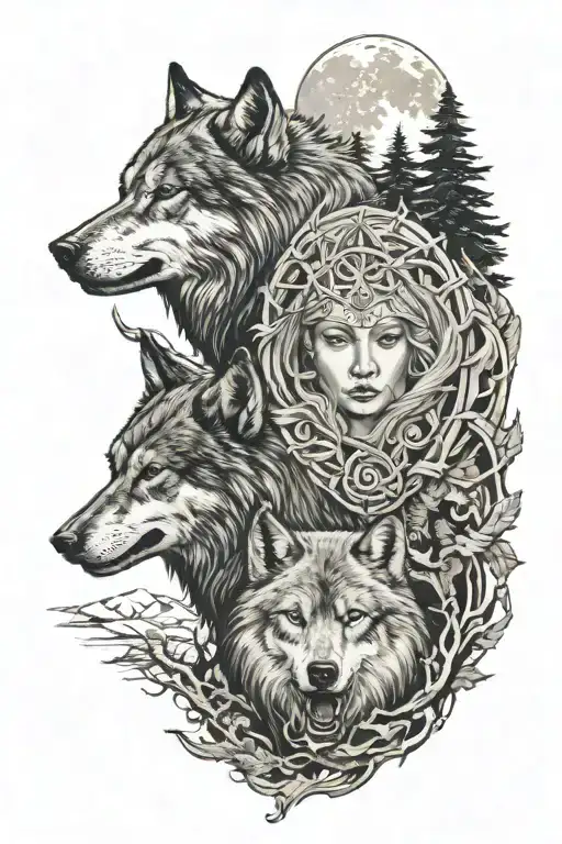 Nordic Warrior, goddes Skadi, 2 wolves howling wolf, forest, moon  tattoo design idea