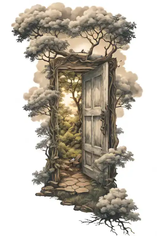 one Open Door; in forest; light shining clouds tattoo design idea