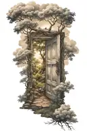 one Open Door; in forest; light shining clouds tattoo design idea