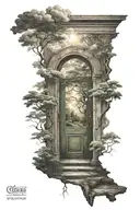 one Open Door; in forest; light shining clouds tattoo design idea
