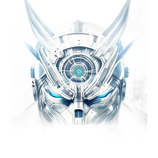 A realistic portrait of Raiden from Metal Gear Rising: Revengeance, with intricate cybernetic enhancements tattoo design idea