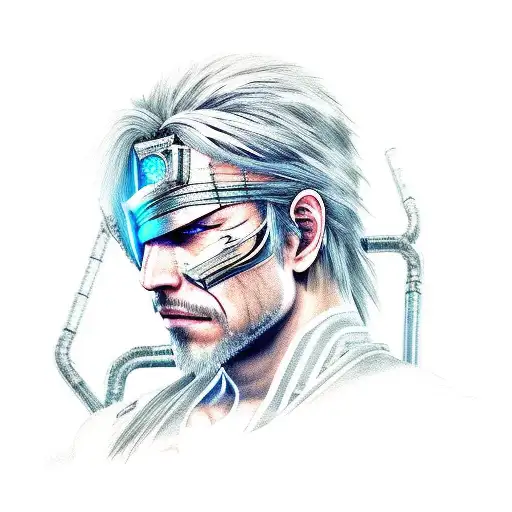A realistic portrait of Raiden from Metal Gear Rising: Revengeance, with intricate cybernetic enhancements tattoo design idea