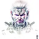 A realistic portrait of Raiden from Metal Gear Rising: Revengeance, with intricate cybernetic enhancements tattoo design idea