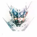 A realistic portrait of Raiden from Metal Gear Rising: Revengeance, with intricate cybernetic enhancements tattoo design idea