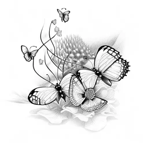 three butterflies with flowers and a beach tattoo design idea