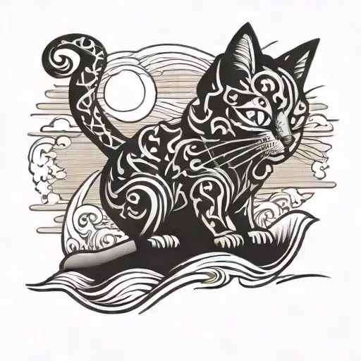 cartoon cat stunned sandy surf sunset sky filled tattoo design idea