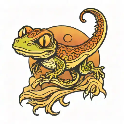 cartoon geko sandy surf sunset sky tattoo design idea