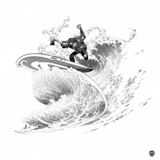 An anime character surfing on a wave made of pixelated video game characters tattoo design idea