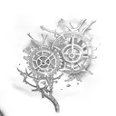 quarter sleeve flowers, tree branches, and gears tattoo design idea