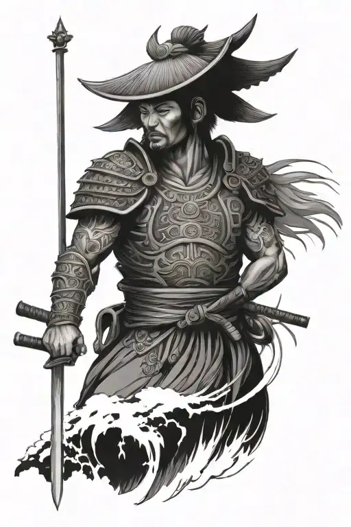 Japanese temple and samurai standing tattoo design idea