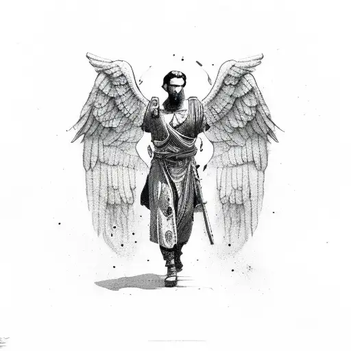 fallen angel men ancient with red and black circles in the background tattoo design idea