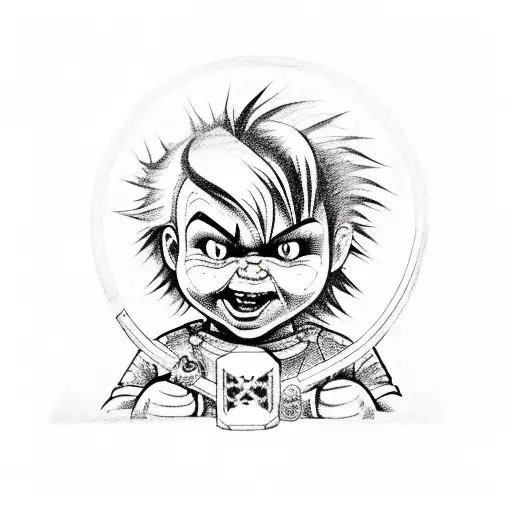 A sketch-style tattoo combining Chucky from Rugrats holding a Libra scale  tattoo design idea