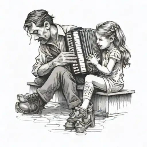 sad man with accordion and his girl child playing tattoo design idea