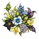 sweet pea, daffodil, iris, thistle, tulip, hydrangea, rose, and lily of the valley flower boquet tattoo design idea