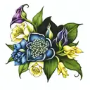 sweet pea, daffodil, iris, thistle, tulip, hydrangea, rose, and lily of the valley flower boquet tattoo design idea