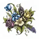 sweet pea, daffodil, iris, thistle, tulip, hydrangea, rose, and lily of the valley flower boquet tattoo design idea