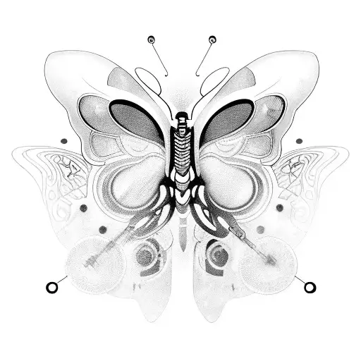 A cyberpunk-inspired tattoo of a butterfly with mechanical wings, surrounded by digital music notes tattoo design idea