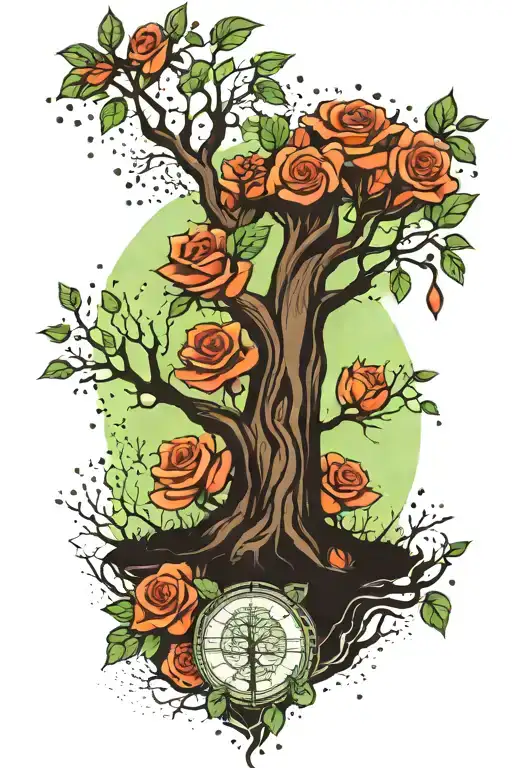Family tree, rose, rain falling, dawn light green tattoo design idea