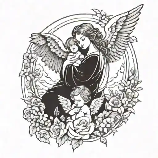 A tattoo design of a guardian angel watching over a child, symbolizing protection and love in the face of loneliness tattoo design idea