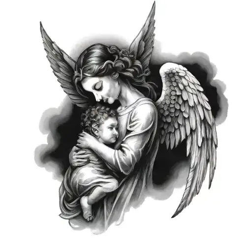 A tattoo design of a guardian angel watching over a child, symbolizing protection and love in the face of loneliness tattoo design idea