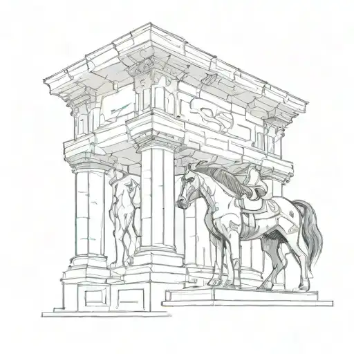 A sketch of an ancient architectural structure with a horse motif, combining the client's interest in archaeology and love for horses tattoo design idea