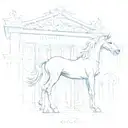 A sketch of an ancient architectural structure with a horse motif, combining the client's interest in archaeology and love for horses tattoo design idea