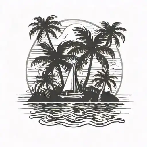 A tropical island scene with a sailboat and palm trees, inspired by Jimmy Buffett's music tattoo design idea