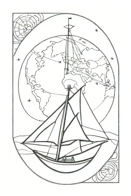 simple sail boat on a globe  tattoo design idea